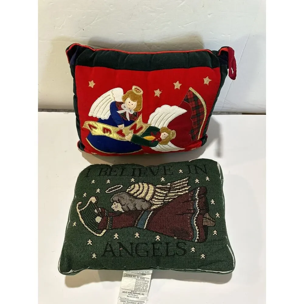 lot of 2 vintage christmas throw pillows red and green I believe in angel + noel
